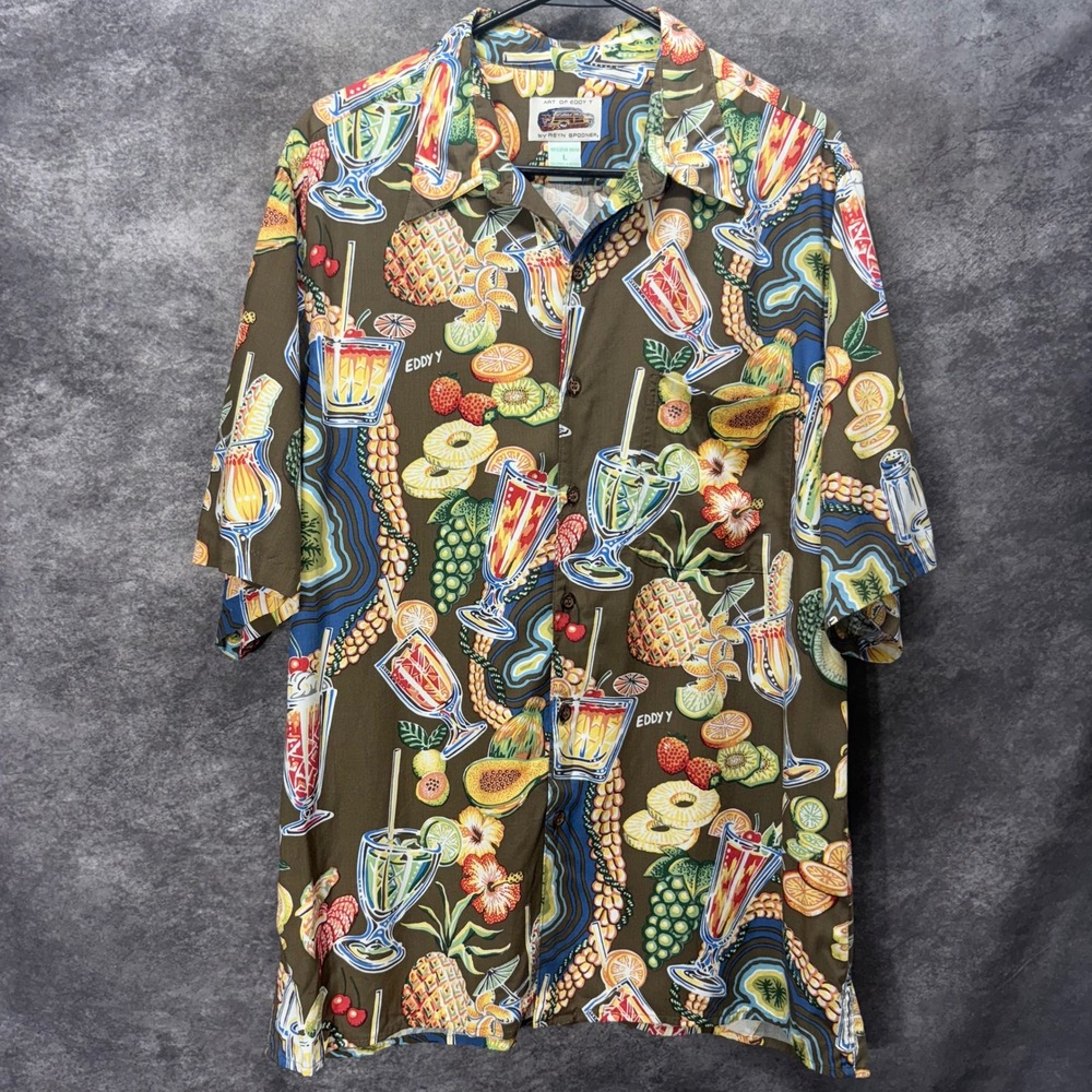 Reyn Spooner Art of Eddy Y Hawaiian Shirt Sz L Luau Lei Fruit Cocktails Tropical